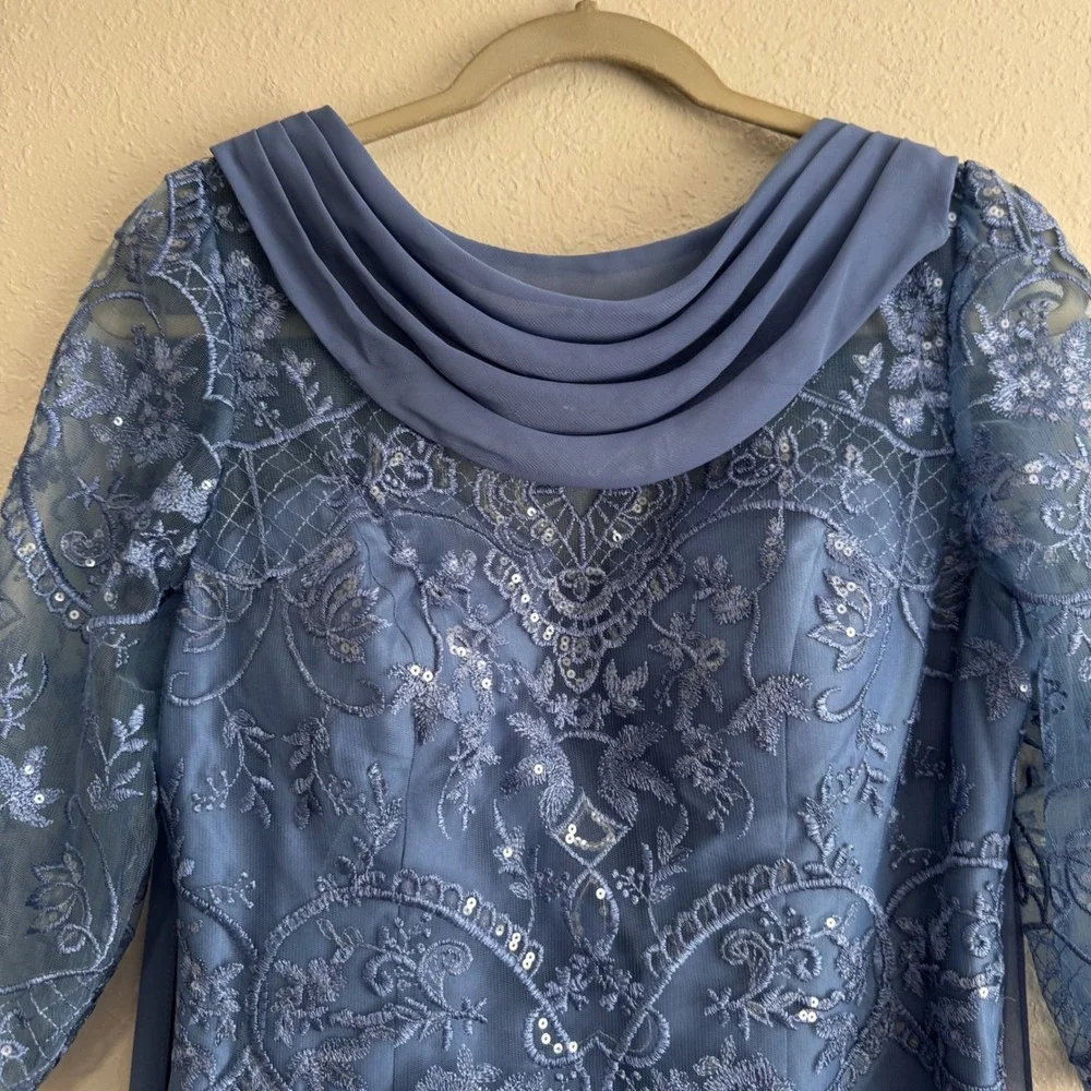 NWT JJ's House Jostelle Slate Blue Sequin Sheath Dress Cowl Neck Back Sash 12